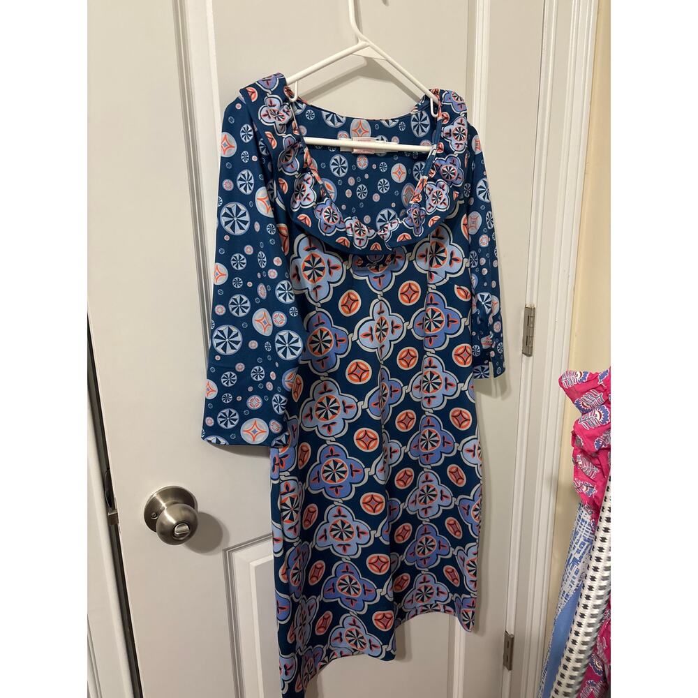 Gretchen Scott ruffle neck shift dress Sz s geometric blue orange guc 3/4 sleeve